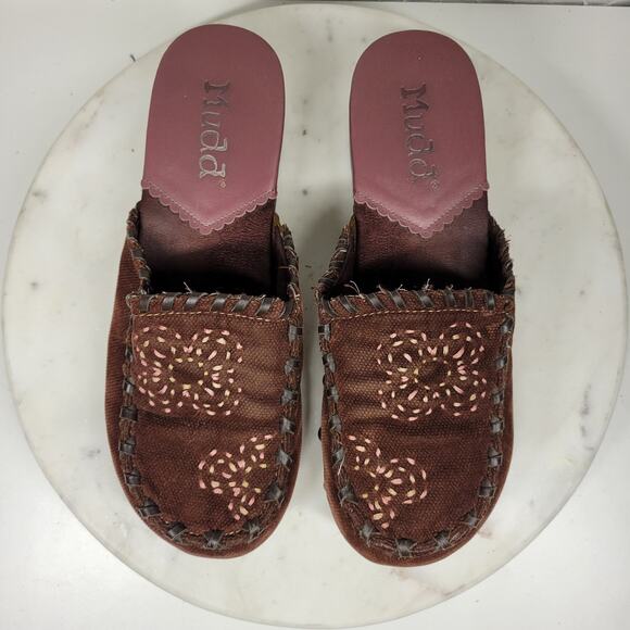 Vintage Mudd Y2K Mules Womens 9 Brown Floral Embroidery Rivets Wooden Platform - Picture 12 of 14